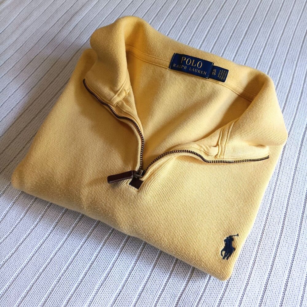 Polo Ralph Lauren Men's Large Yellow Quarter Zip Cotton Knit Pullover Sweater
